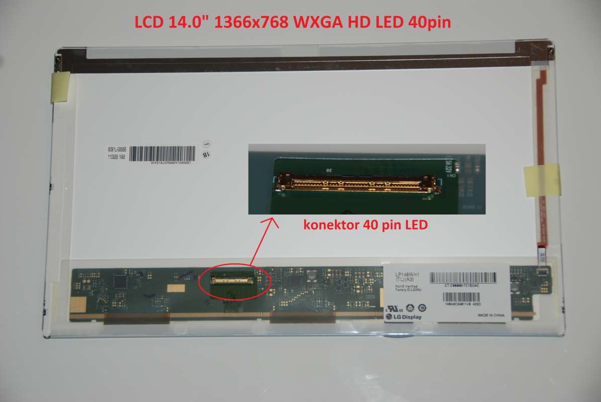LCD 14" 1366x768 WXGA HD LED 40pin levý konektor