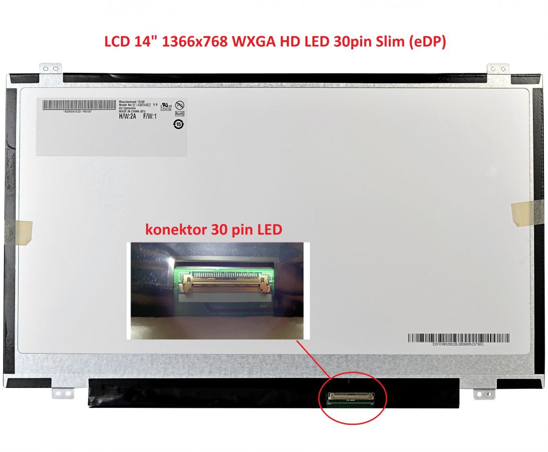 B140XTN07.1 HW1A LCD 14" 1366x768 WXGA HD LED 30pin Slim (eDP) šířka 315mm display displej AU Optronics